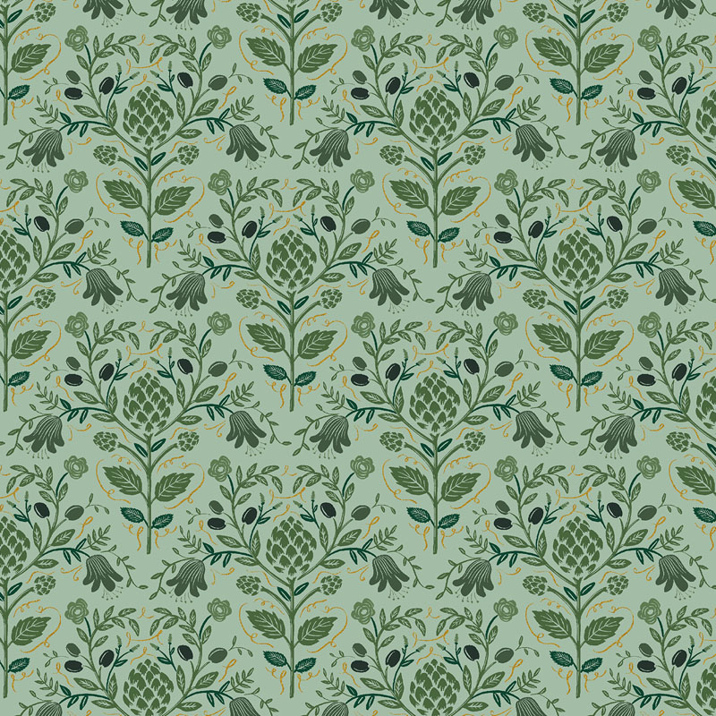 Dahlia By Rifle Paper Co. For Cotton + Steel Fabrics - Sage - Metallic Fabric