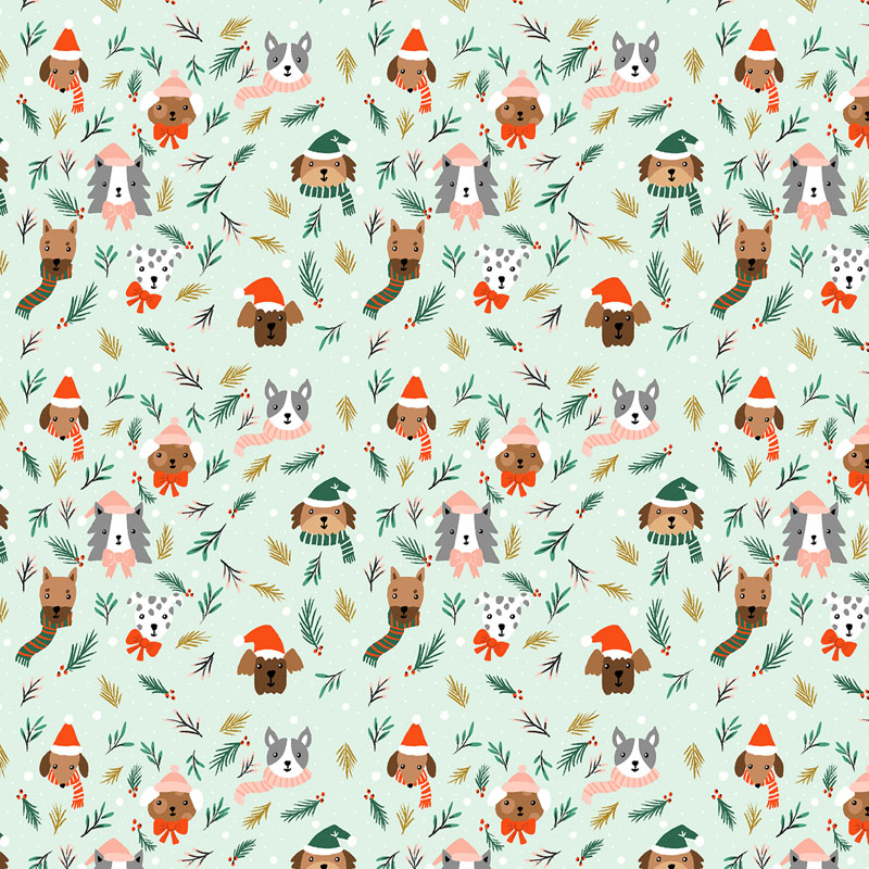 Merry Pawmas By Dominika Godette For Cotton + Steel Fabrics - Light Mint - Metallic Fabric