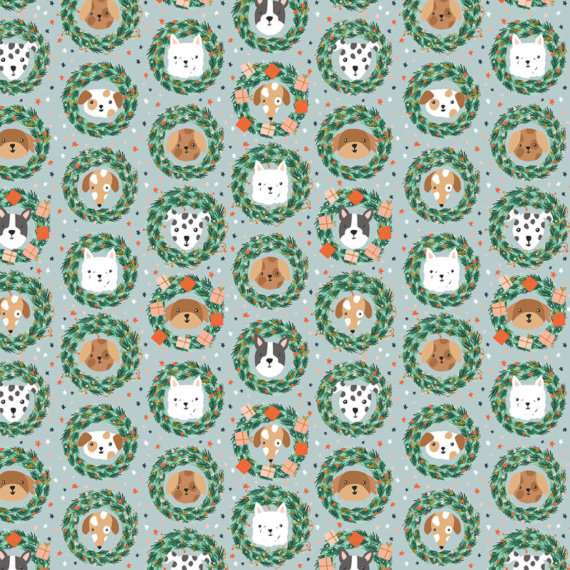 Merry Pawmas By Dominika Godette For Cotton + Steel Fabrics - Sky - Metallic Fabric