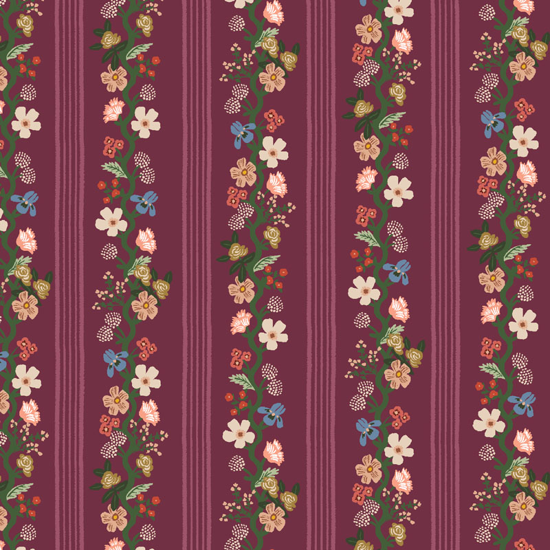 Gracie By Rifle Paper Co. For Cotton + Steel Fabrics - Floral Trellis Stripe - Burgundy Fabric