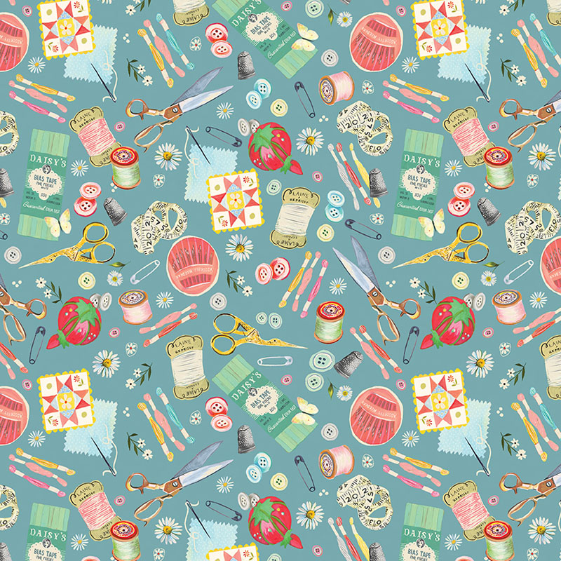 Love And Stitches By Katie Daisy For Benartex - Teal - Digitally Printed