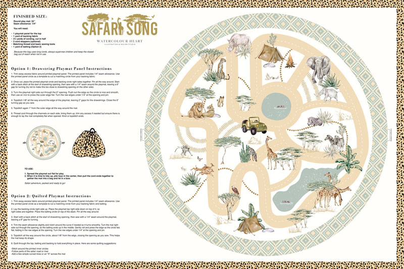 Safari Song Canvas By Watercolour Heart For Moda - Digital Print - 36" X 54" Safari Song Playmat Porcelain