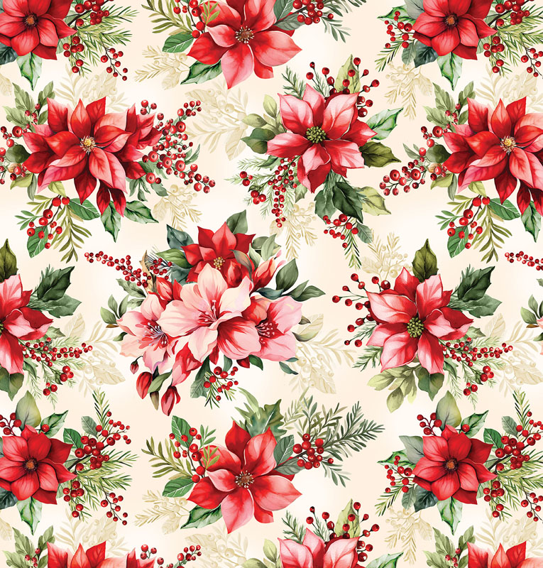 Heartfelt Christmas - Holiday Poinsettias 108" By Kanvas Studio For Benartex - Cream