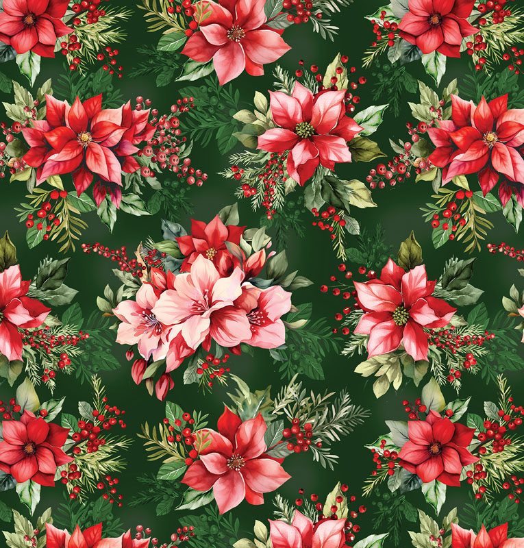 Heartfelt Christmas - Holiday Poinsettias 108" By Kanvas Studio For Benartex - Dark Green
